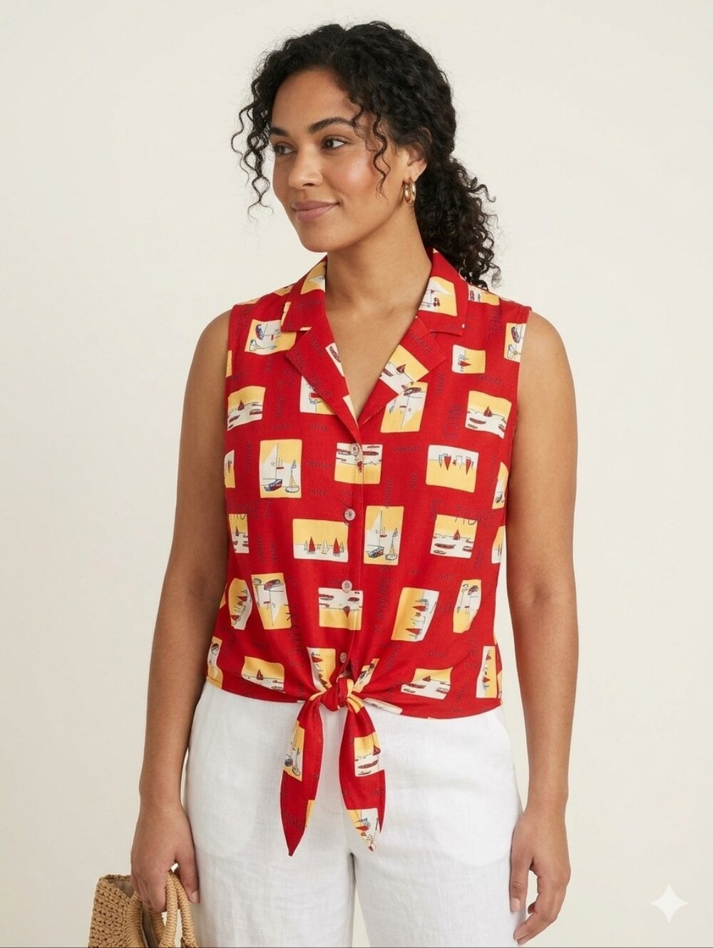 90s Red And Gold Retro Travel Print Sleeveless Top size 16